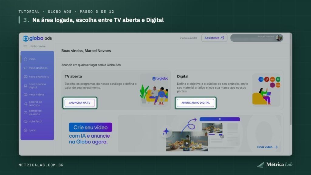 Os caminhos TV aberta e Digital na área logada.