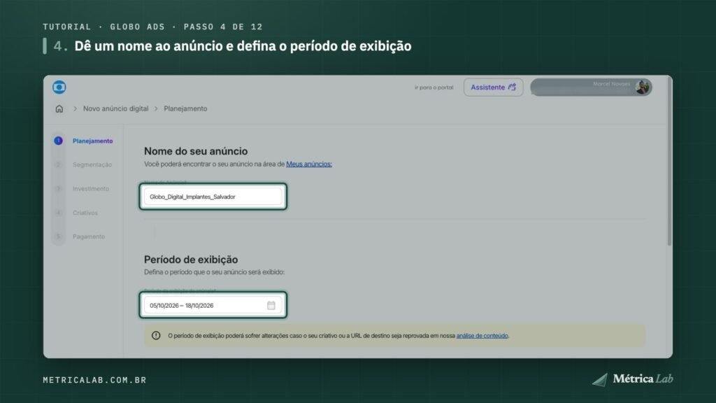 O nome do anúncio e o período de exibição.