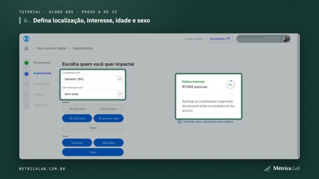 Localização, interesse e o público estimado.
