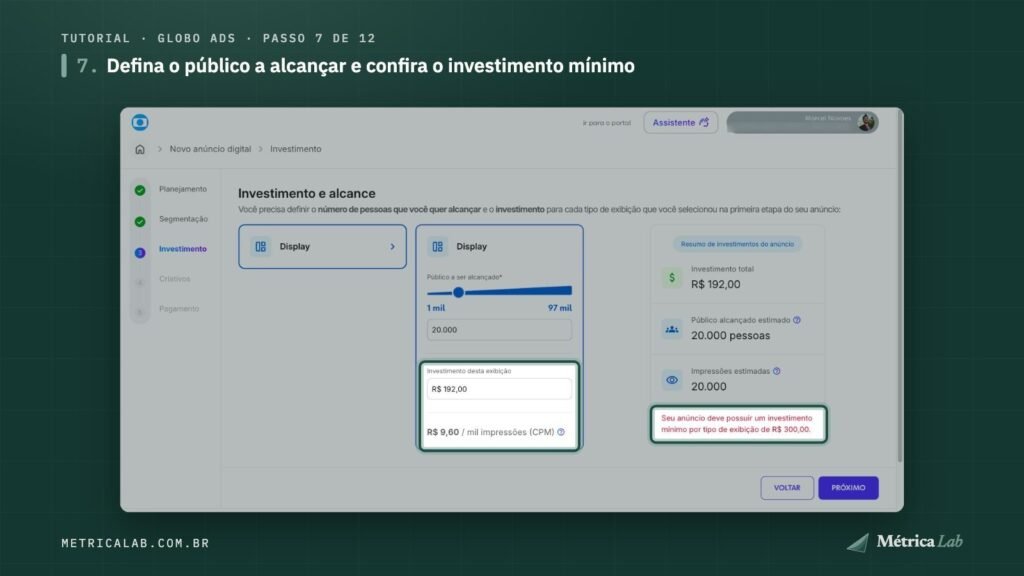 O investimento pelo CPM e o aviso do mínimo de R$ 300,00.