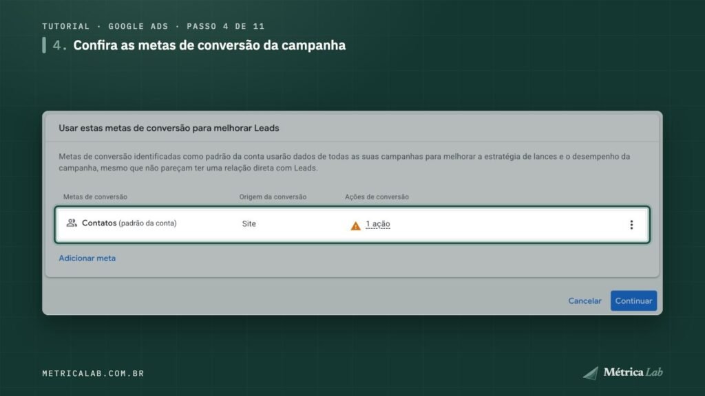 A meta de conversão Contatos com o alerta na ação.