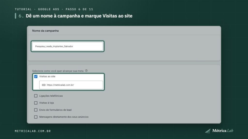 Nome da campanha e Visitas ao site com o endereço.