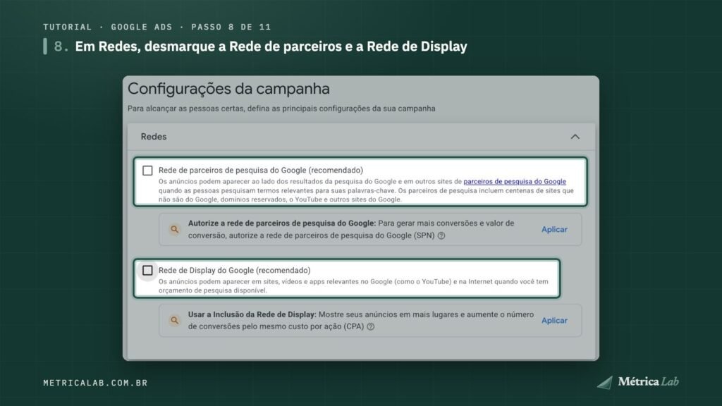 Rede de parceiros e Rede de Display desmarcadas.