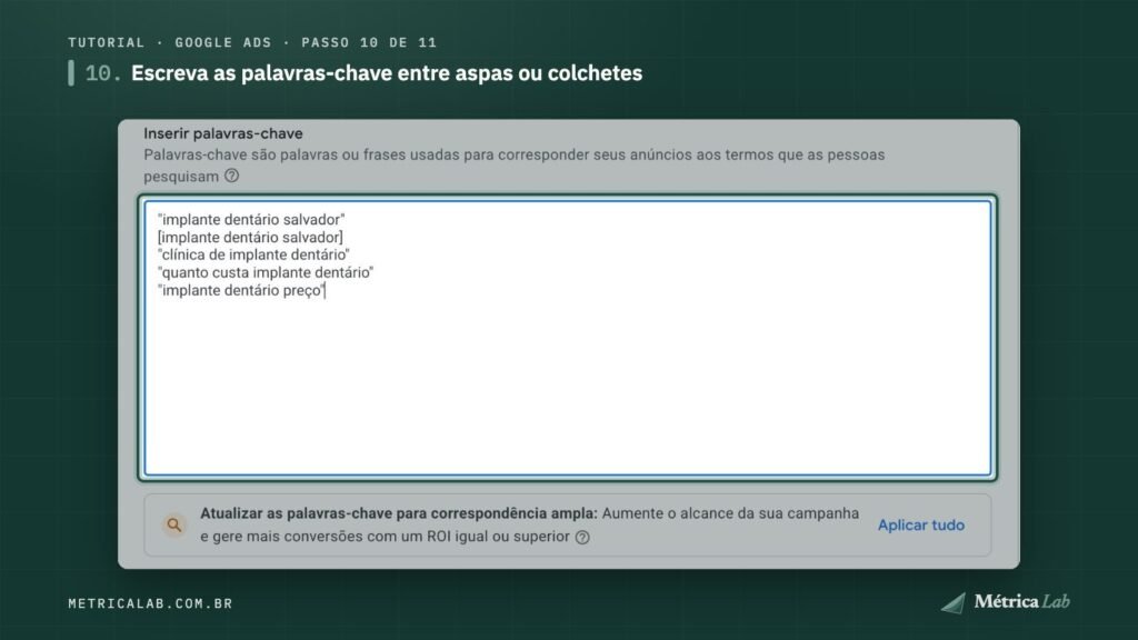 Palavras-chave entre aspas e colchetes.