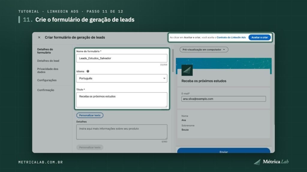 Nome, idioma e título do formulário de leads.