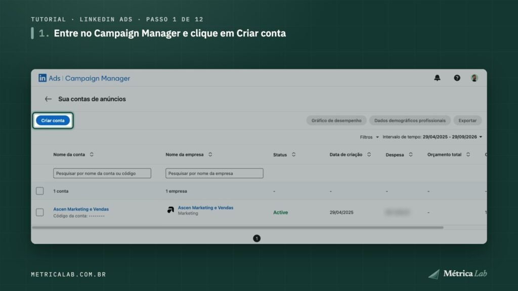 O botão Criar conta na lista de contas de anúncios.