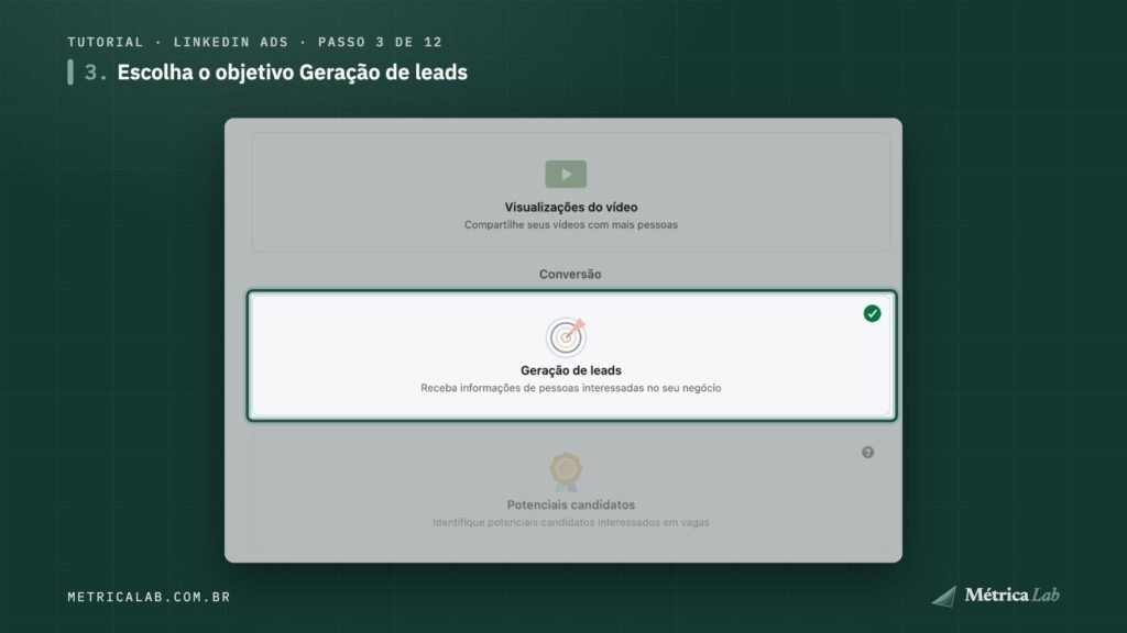 O objetivo Geração de leads, no grupo Conversão.