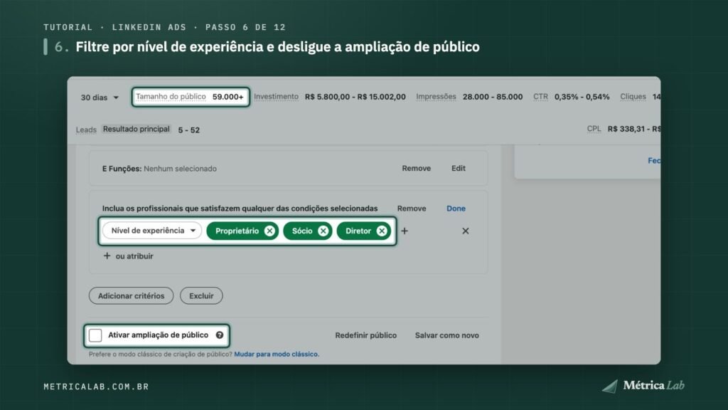 Nível de experiência e a ampliação de público desmarcada.