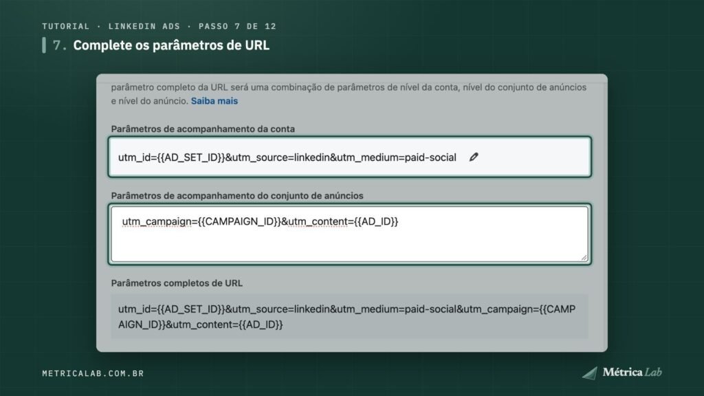 Os parâmetros de URL da conta e do conjunto.