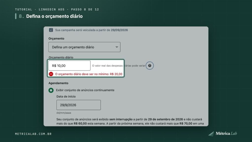 O orçamento diário e o aviso do mínimo de R$ 20,00.