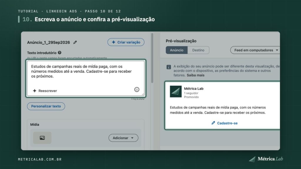 O texto introdutório e a pré-visualização do anúncio.