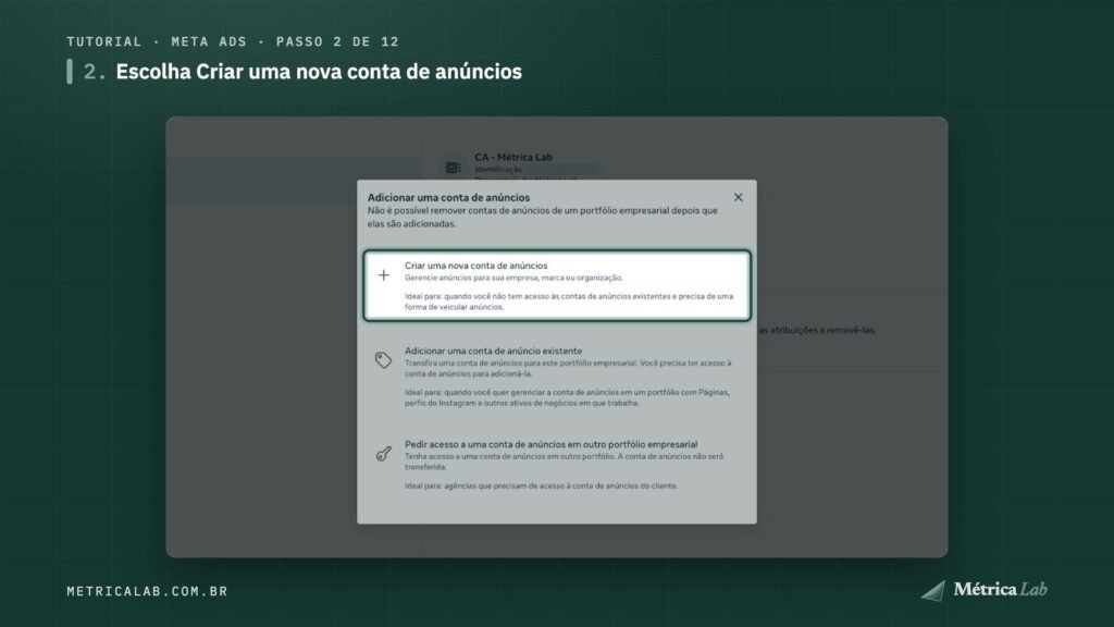 A opção Criar uma nova conta de anúncios.