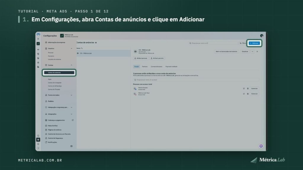 Contas de anúncios e o botão Adicionar, no Meta Business Suite.