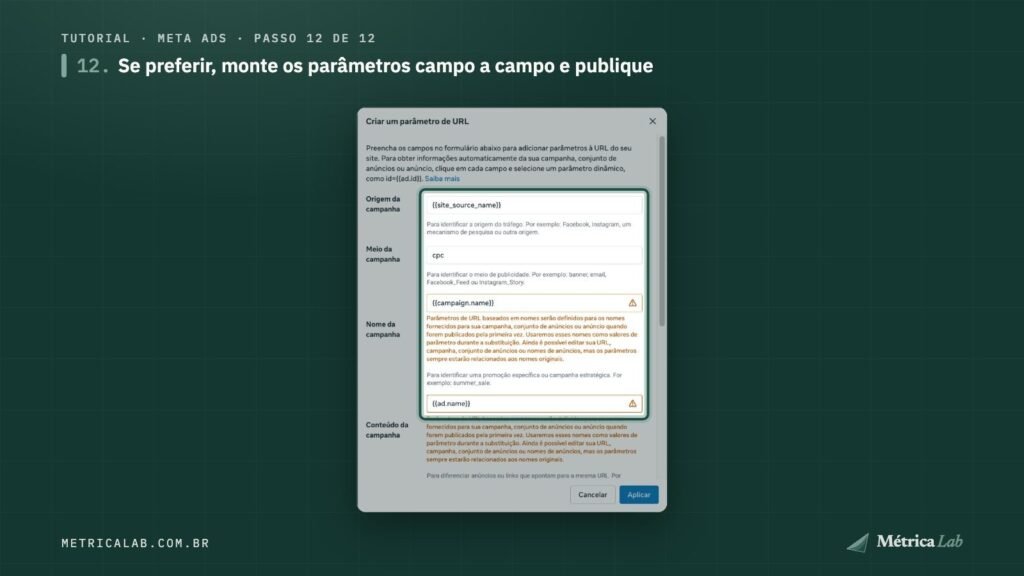 O formulário Criar um parâmetro de URL.