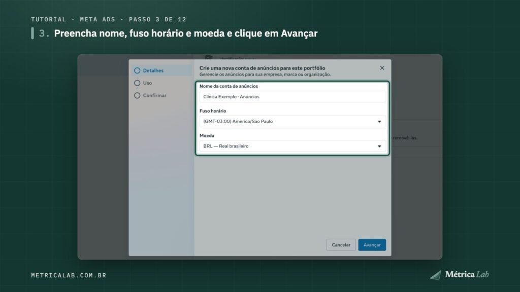 Nome da conta, fuso horário e moeda.