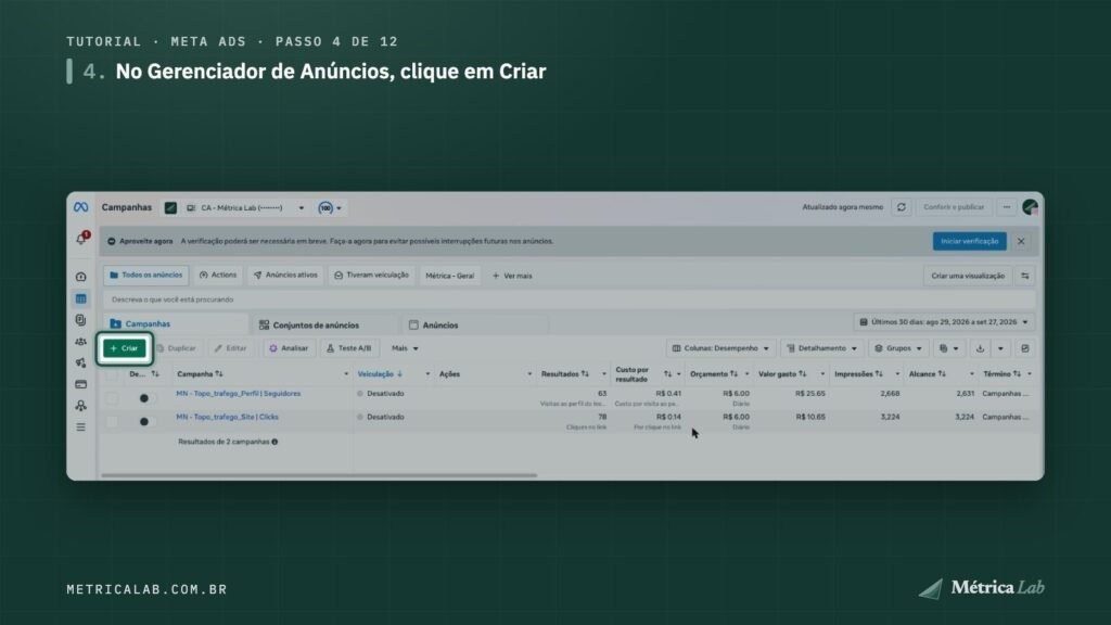 O botão Criar, no Gerenciador de Anúncios.