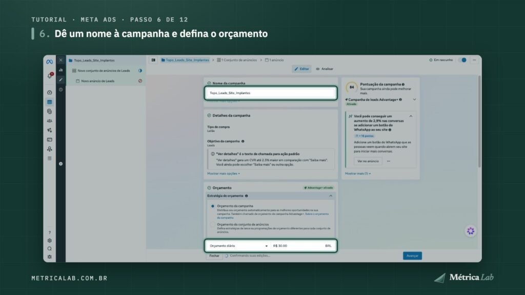 Nome da campanha e orçamento diário.