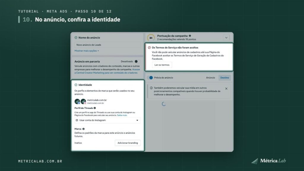 A identidade do anúncio e o alerta dos termos de cadastro.