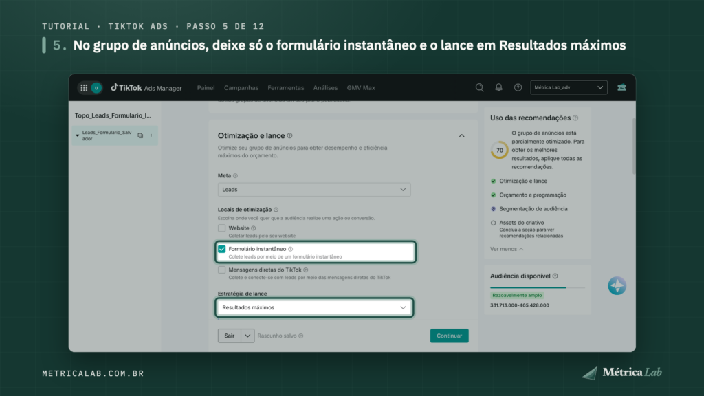 O formulário instantâneo e o lance em Resultados máximos.