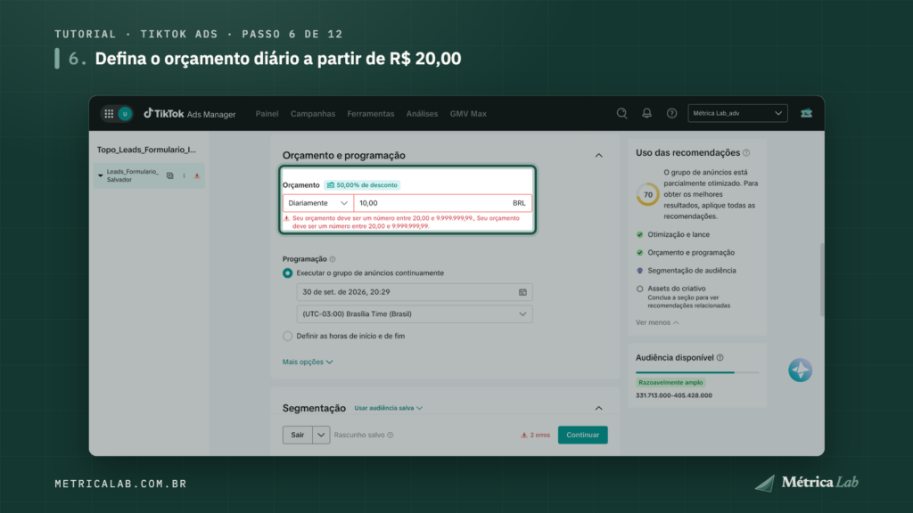 O aviso do mínimo de R$ 20,00 por dia no orçamento.