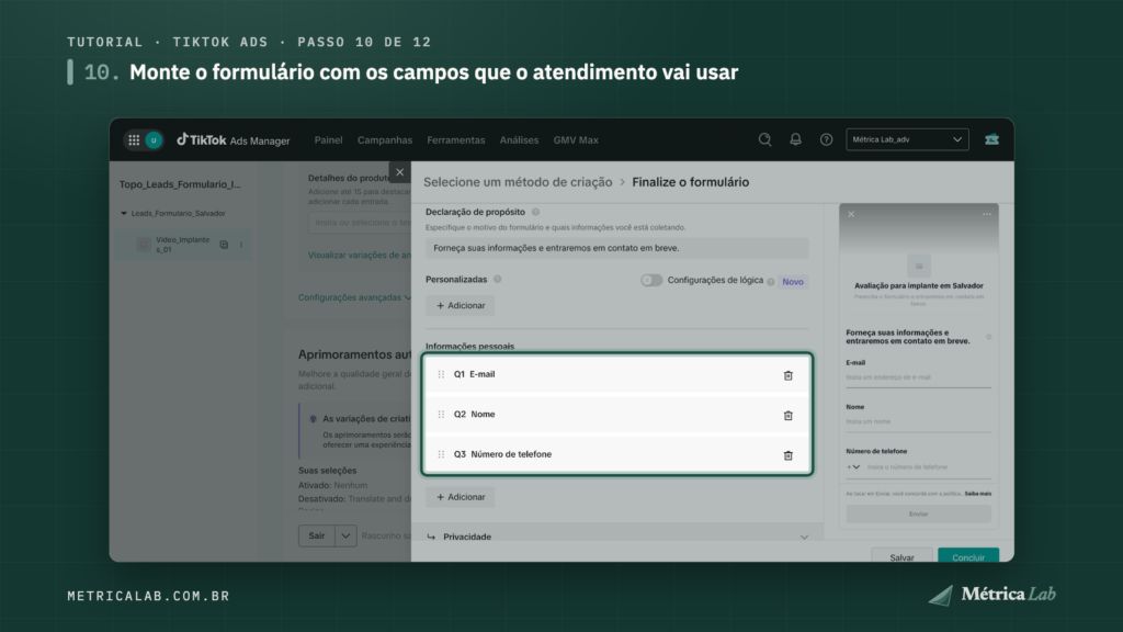 E-mail, nome e telefone nas informações pessoais do formulário.