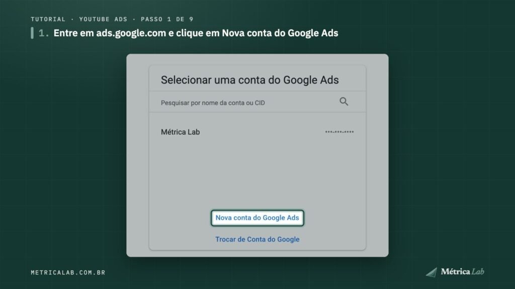O link Nova conta do Google Ads, na tela Selecionar uma conta.