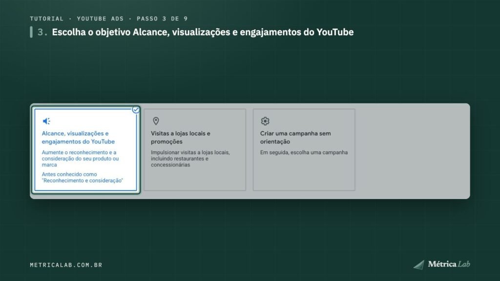 O objetivo Alcance, visualizações e engajamentos do YouTube.