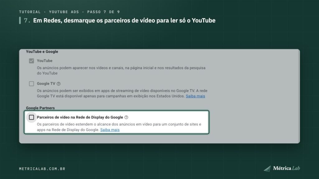 Parceiros de vídeo na Rede de Display desmarcados.