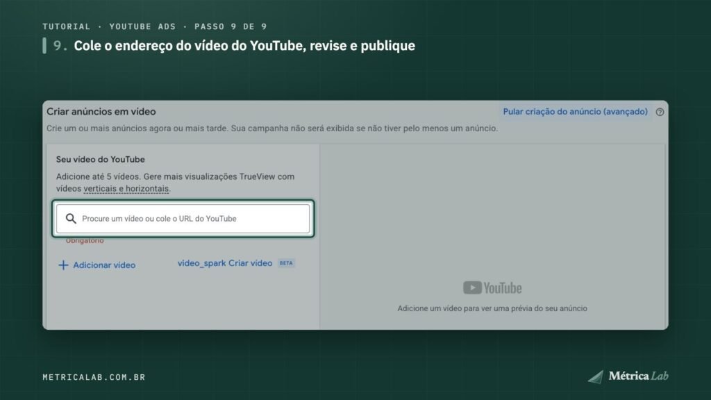 O campo para colar o endereço do vídeo do YouTube.