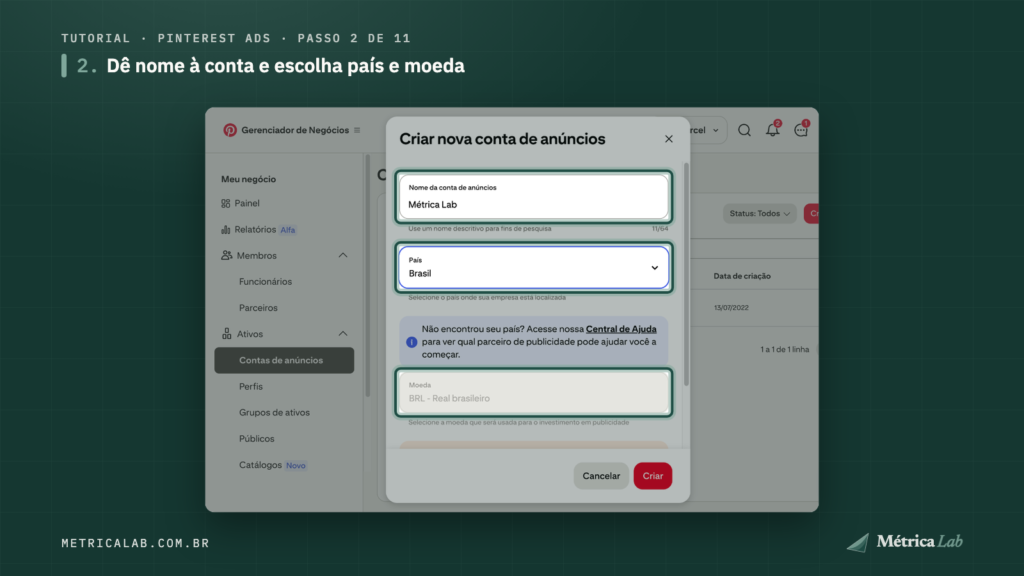 Nome da conta, país Brasil e moeda BRL.