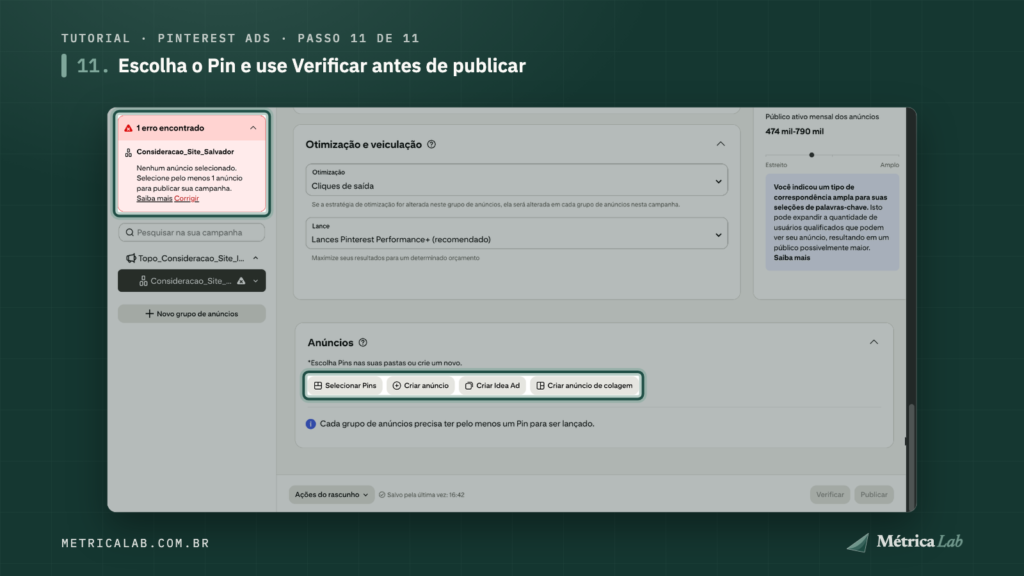 O aviso do Verificar e as opções de anúncio.