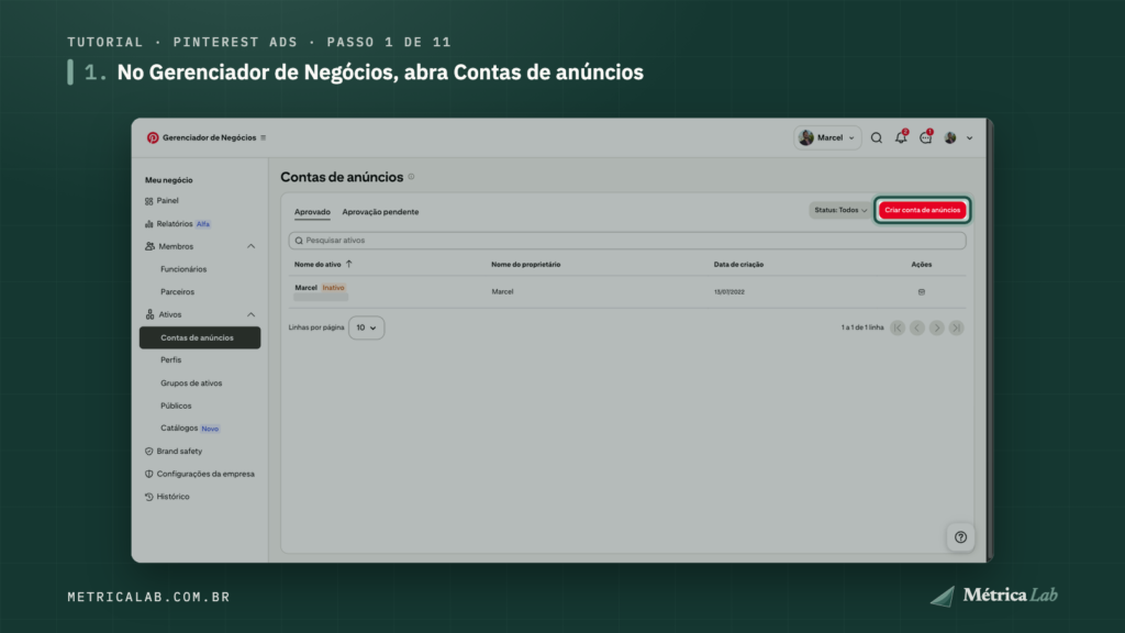 O botão Criar conta de anúncios, no Gerenciador de Negócios.