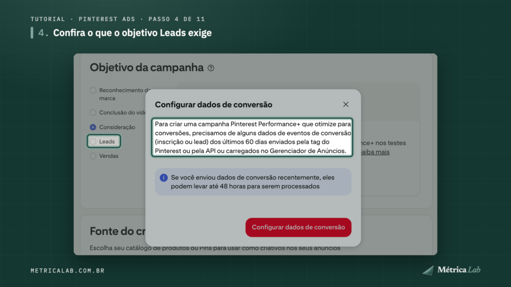 O aviso de dados de conversão do objetivo Leads.