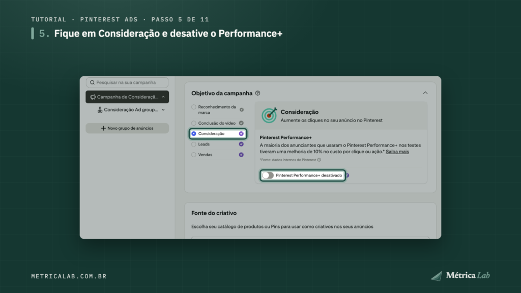 Consideração marcada e o Performance+ desativado.