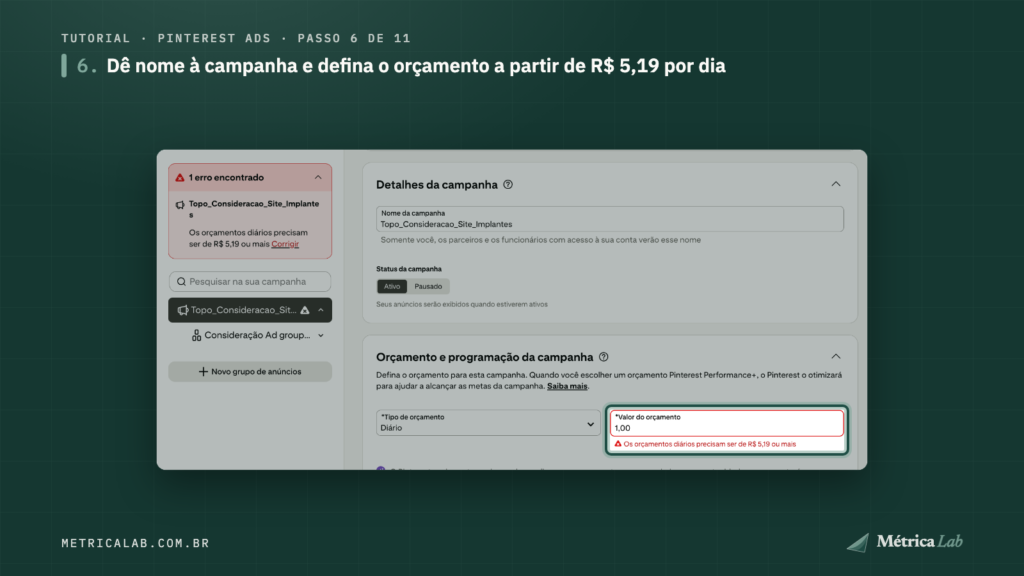 O aviso do mínimo de R$ 5,19 por dia no orçamento.