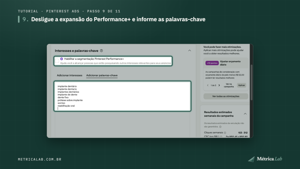 A expansão do Performance+ desmarcada e as palavras-chave.